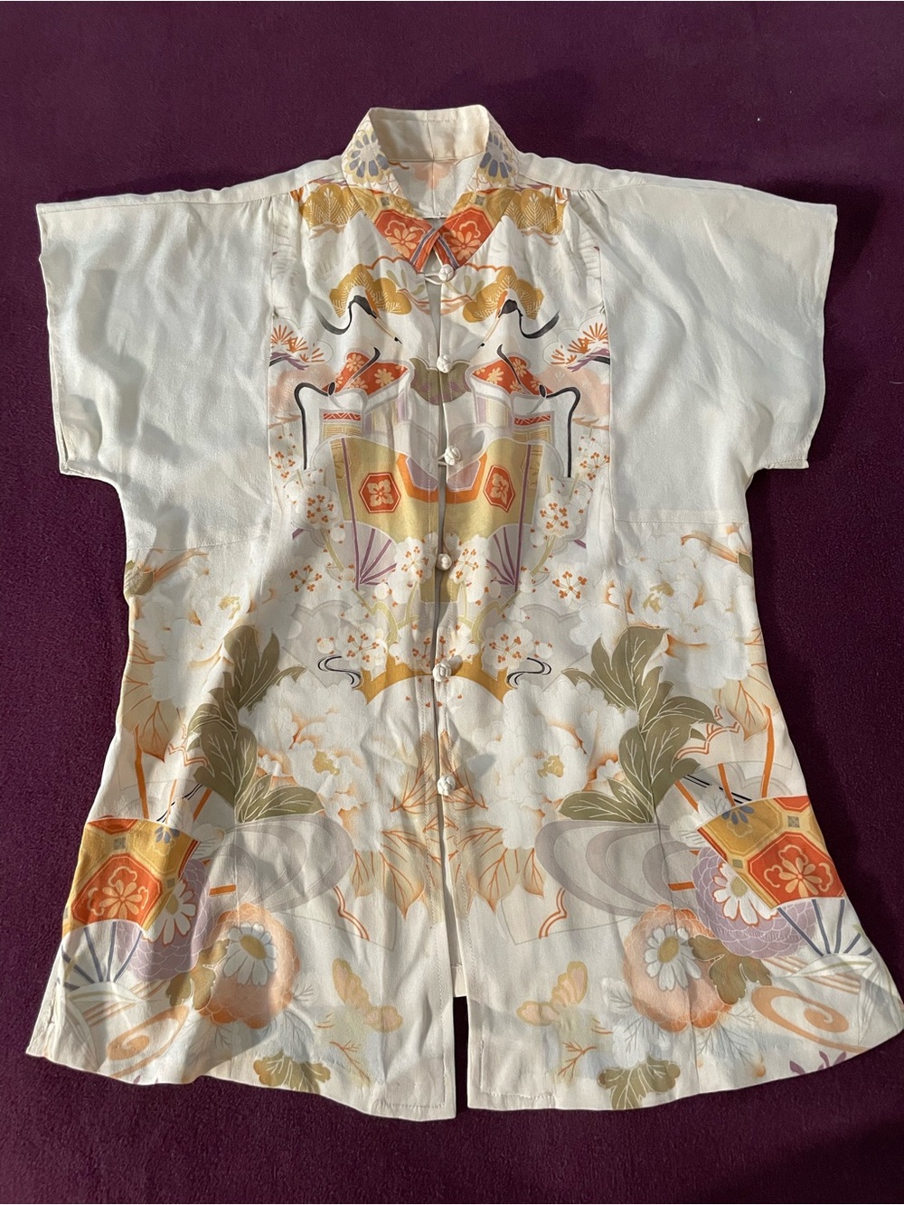 White Floral Asian-Inspired Button Front Top